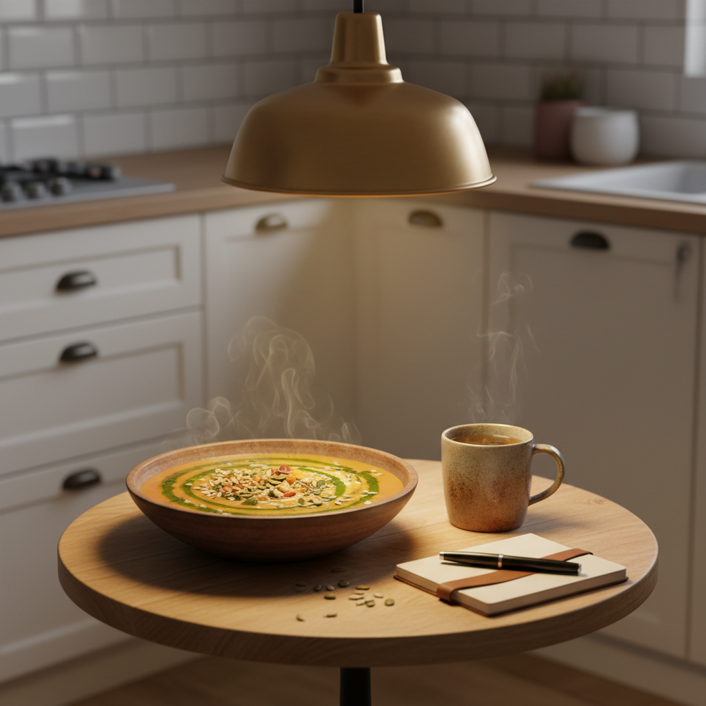 A cozy kitchen corner with a small, round wooden table set for one, featuring a deep bowl of steaming, colorful vegetable soup swirled with a drizzle of bright green herb oil and topped with a handful of crunchy seeds. Beside it sits a sturdy ceramic mug of herbal tea and a small notebook with a closed pen resting on top, suggesting space for personal reflections. Warm pendant lighting from above creates a golden pool of light over the table, leaving the background cabinets and tiled backsplash gently blurred. Photographic realism, captured at eye level with a shallow depth of field, evokes a comforting, intimate, and hopeful mood, emphasizing nourishment and quiet moments of wellness.