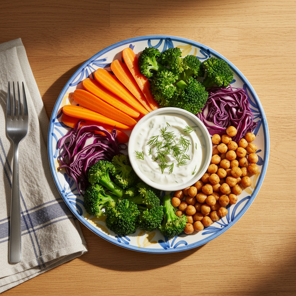 A close-up, overhead shot of a single colorful plate arranged like a playful painting: sliced orange carrots, deep green broccoli florets, purple cabbage ribbons, and golden roasted chickpeas circling a small bowl of creamy yogurt dip sprinkled with herbs. The plate rests on a light wooden table with a folded striped linen napkin and a simple stainless steel fork nearby. Diffused morning light from an unseen window creates soft shadows and gentle highlights on the vegetables, emphasizing their fresh textures. The composition follows the rule of thirds, with the dipping bowl slightly off-center. Photographic realism, bright and crisp, conveys a joyful, accessible approach to cooking and eating well.