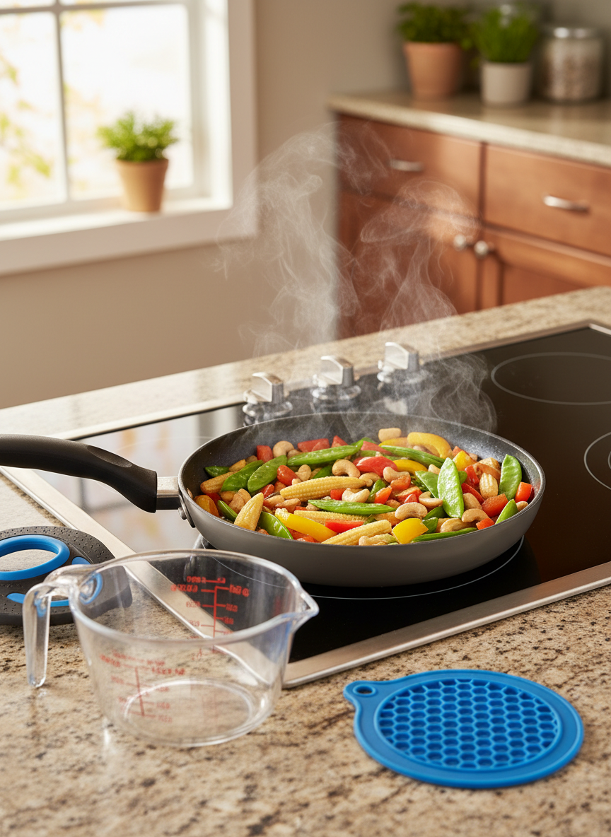 A playful kitchen scene with a non-stick frying pan on a stovetop, filled with a colorful veggie stir-fry: snap peas, red and yellow bell peppers, baby corn, and cashews glistening in a light sauce. Around the stove, neatly arranged are accessible tools: a stable, wide-handled pan grip, a spill-proof measuring cup, and a silicone jar opener lying on the counter. Natural afternoon light filters through a window, softly illuminating the steam rising from the pan and creating mild reflections on the stovetop. Photographic realism, captured from a three-quarter overhead angle, with moderate depth of field, creates an energetic yet reassuring mood that highlights fun, adaptable cooking without showing any people.