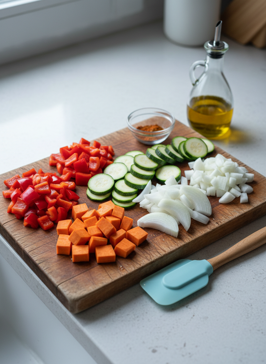 A rustic wooden cutting board on a kitchen counter, covered in prepped ingredients for a colorful one-pan meal: neatly chopped red peppers, orange sweet potatoes, green zucchini, and white onion wedges arranged in small piles, with a tiny glass bowl of spices and a modest bottle of olive oil beside them. A lightweight, ergonomically shaped silicone spatula lies nearby, hinting at ease and accessibility in cooking. Soft, cool daylight from a nearby window illuminates the scene, creating subtle reflections on the oil bottle and gentle texture on the vegetables. Shot from a slightly elevated angle in photographic realism, with sharp focus throughout, the mood is calm, practical, and encouraging, showing that joyful cooking can be simple and manageable.